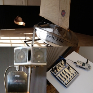 A three part collage. At the top a hand built boat lit by slanting sunlight, below a portable mp3 player and a speaker, then a small sound desk with a zoom recorder attached.