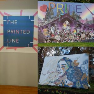 Three way collage of ‘the painted line’ exhibit sign and two art billboards.