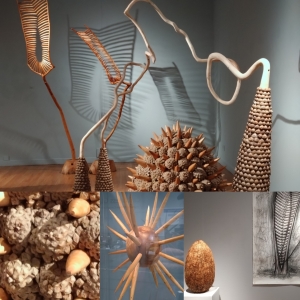 Collage of four images of sculptures from the Inspired Scavenger exhibit, largely made of wood and pinecones, they look both alien and organic.